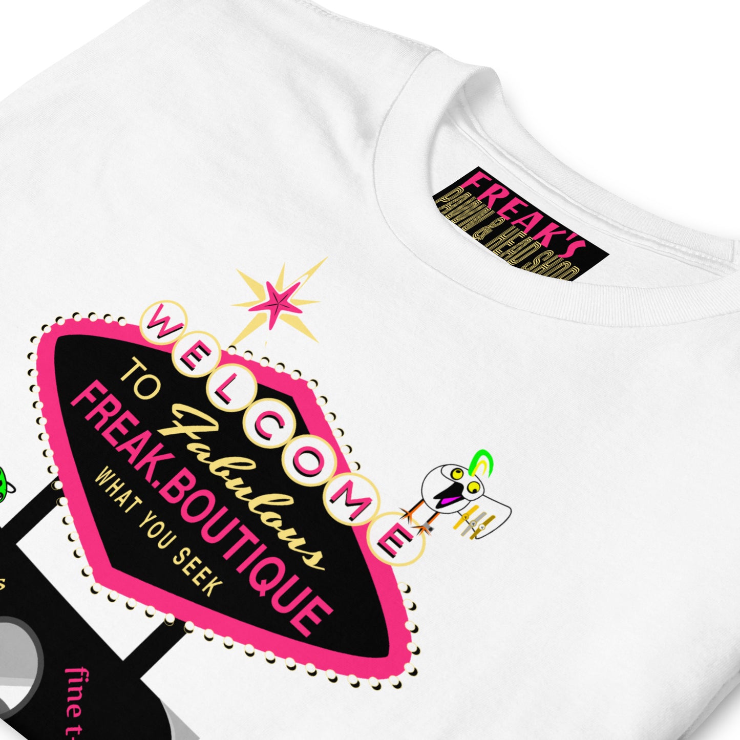 Welcome to FREAK.boutique white unisex t-shirt detail